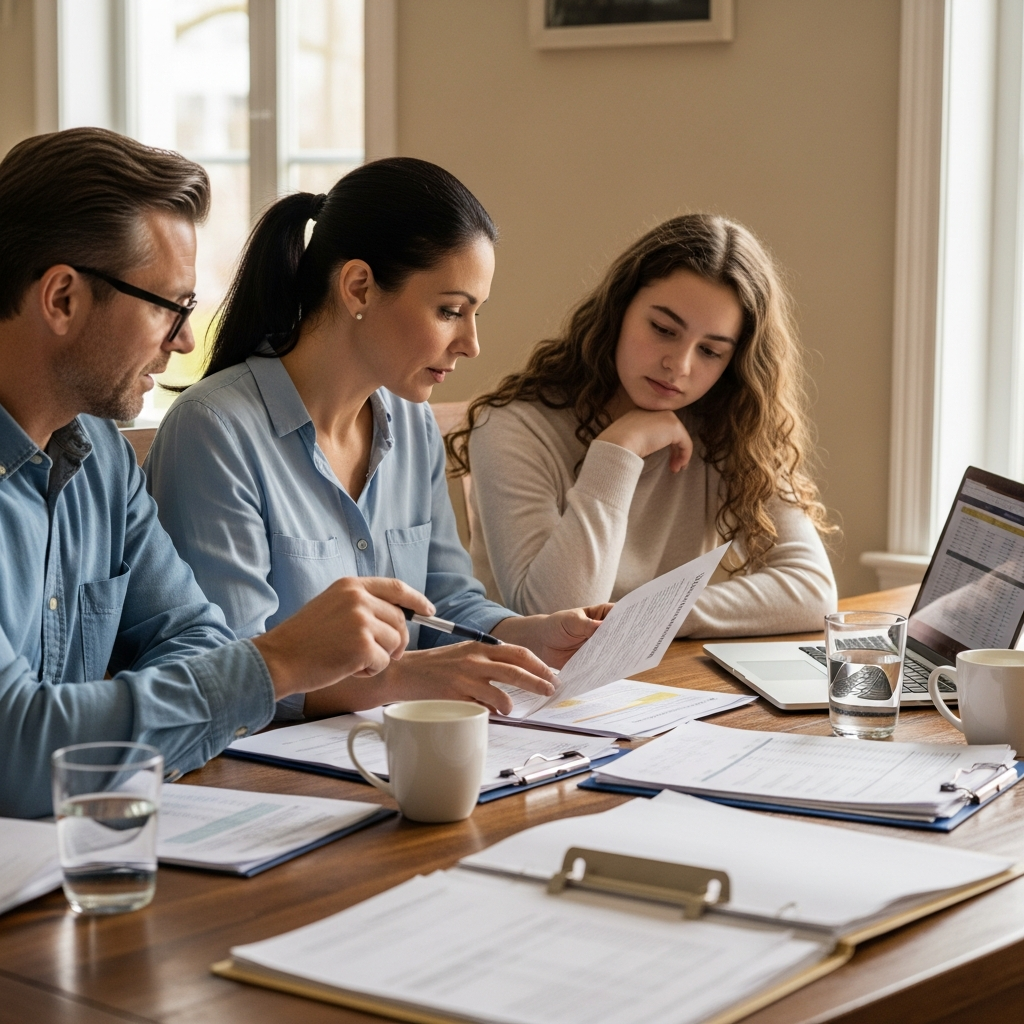 Family reviewing insurance documents