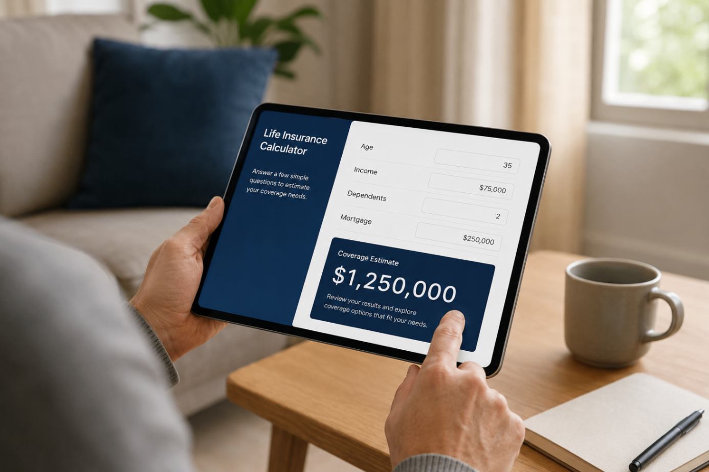 Using a Life Insurance Calculator at Home Person using a tablet life insurance calculator with fields for age, income, dependents, mortgage, and coverage estimate in a calm home office.