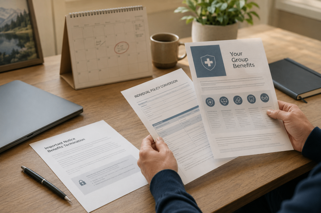 Reviewing Group Benefits After Leaving a Job Hands reviewing group benefits paperwork, a policy conversion form, and a benefits termination notice at a desk with a calendar, laptop, pen, and notebook.