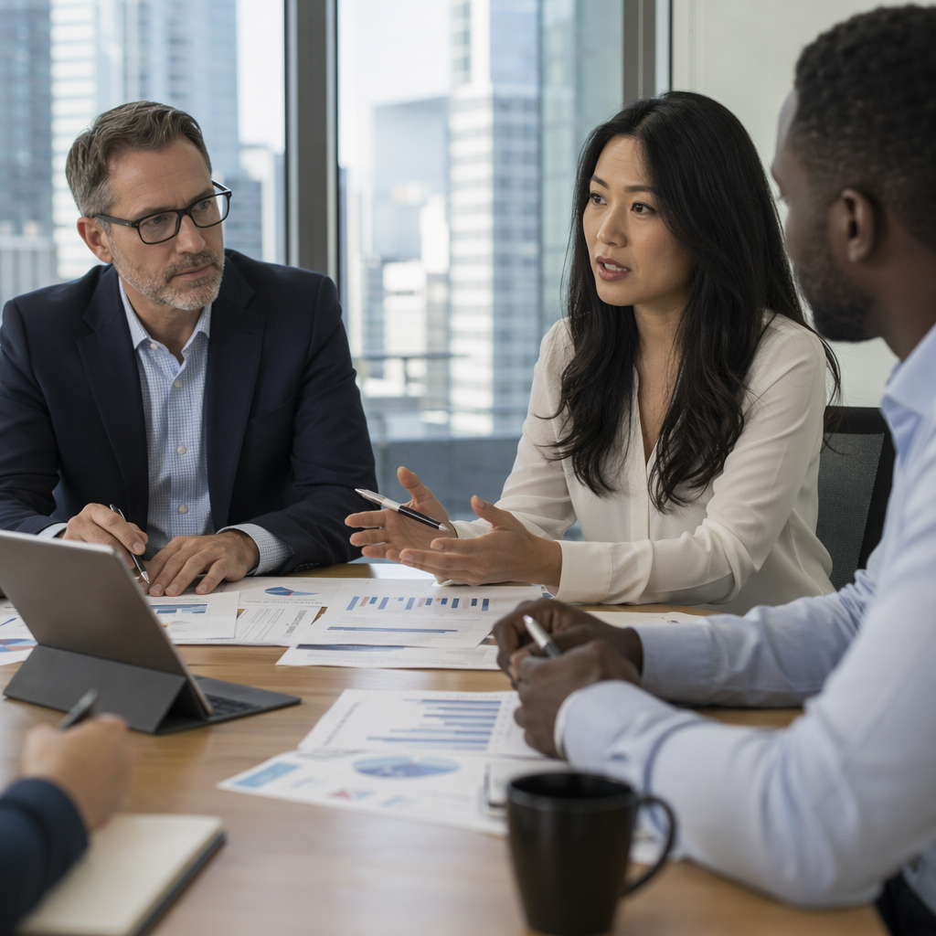 Business team reviewing insurance options