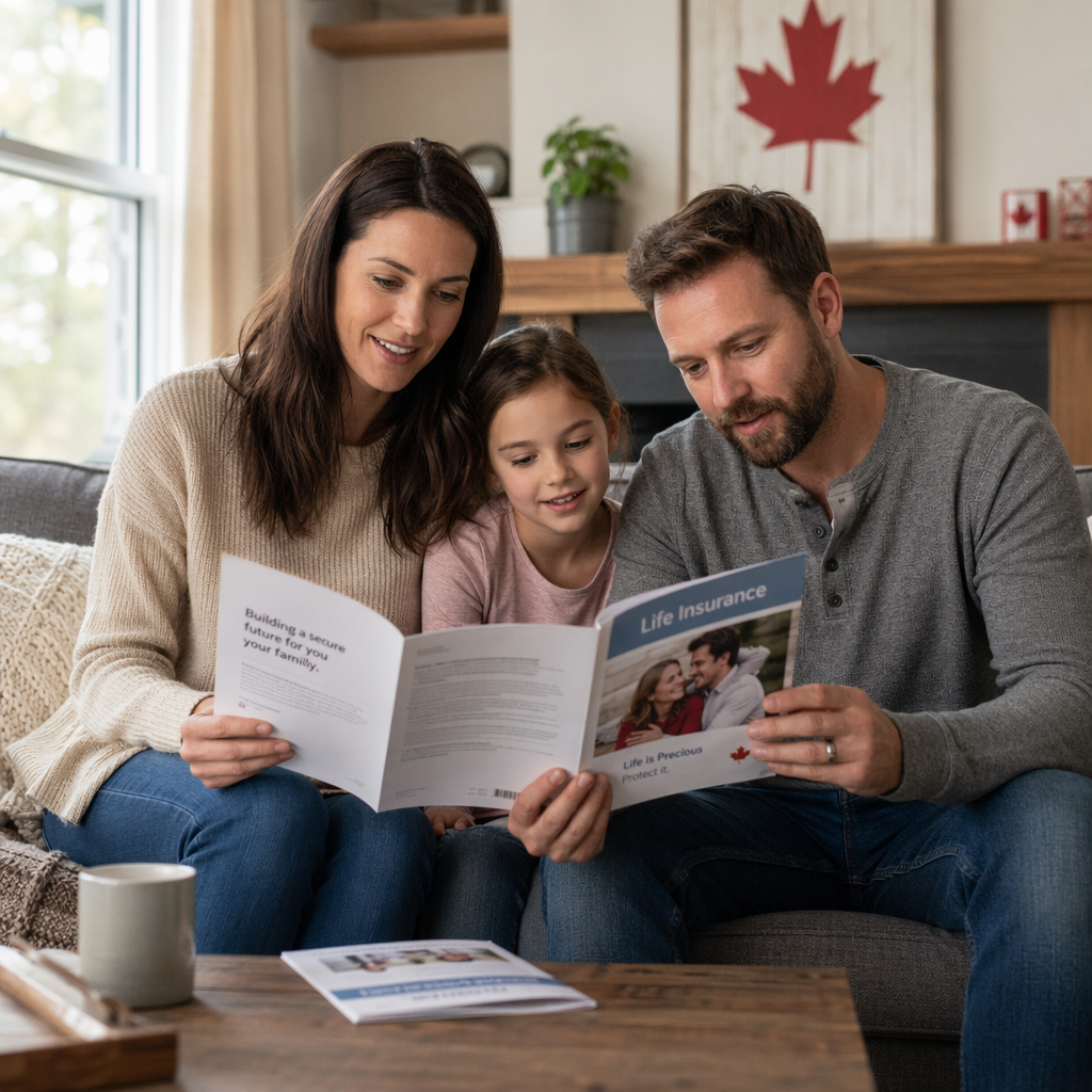 Family reviewing insurance brochures