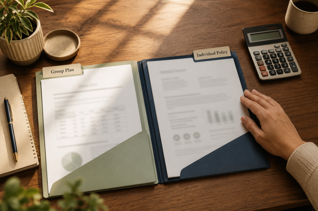 Two open folders labelled Group Plan and Individual Policy on a warm wooden desk, with blurred documents, a calculator, and a hand comparing the folders.