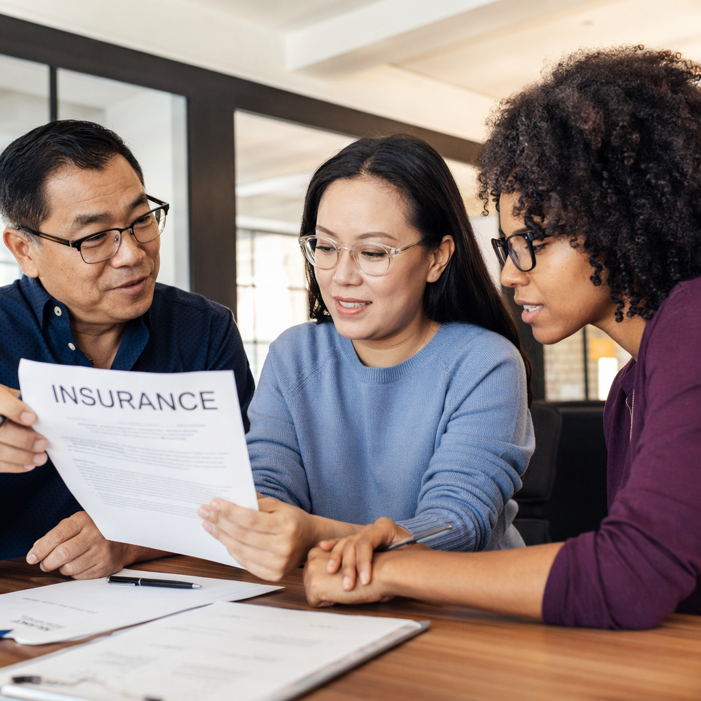 Business owners reviewing insurance forms