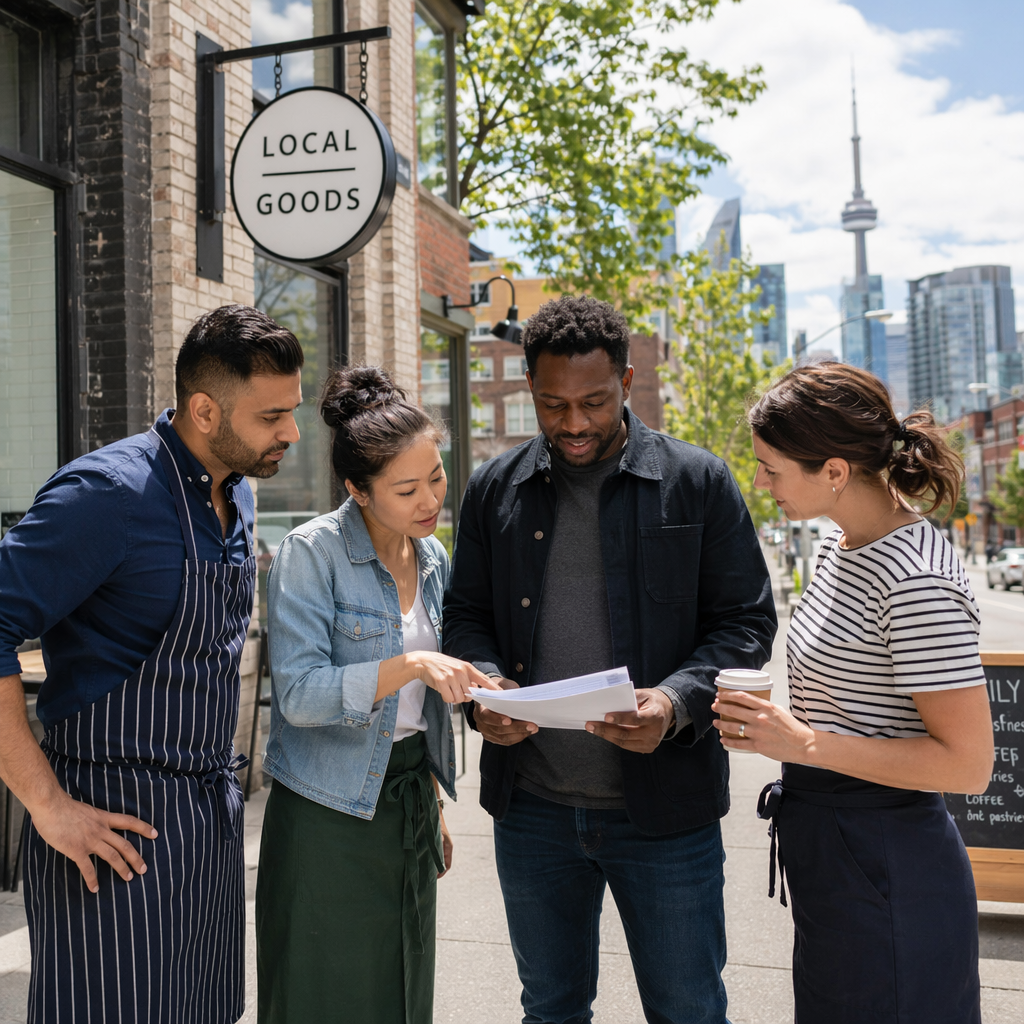 Business owners reviewing insurance outdoors