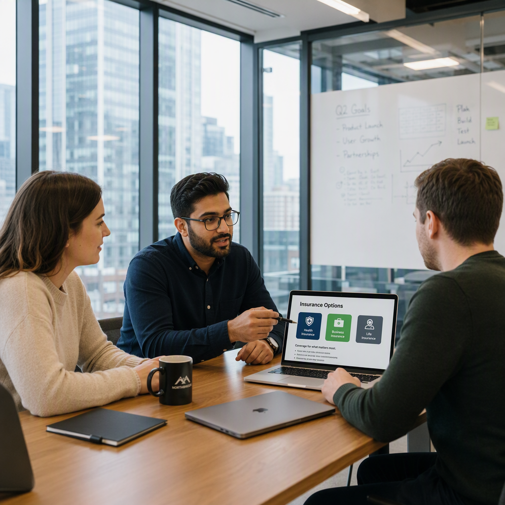 startup team reviewing insurance options