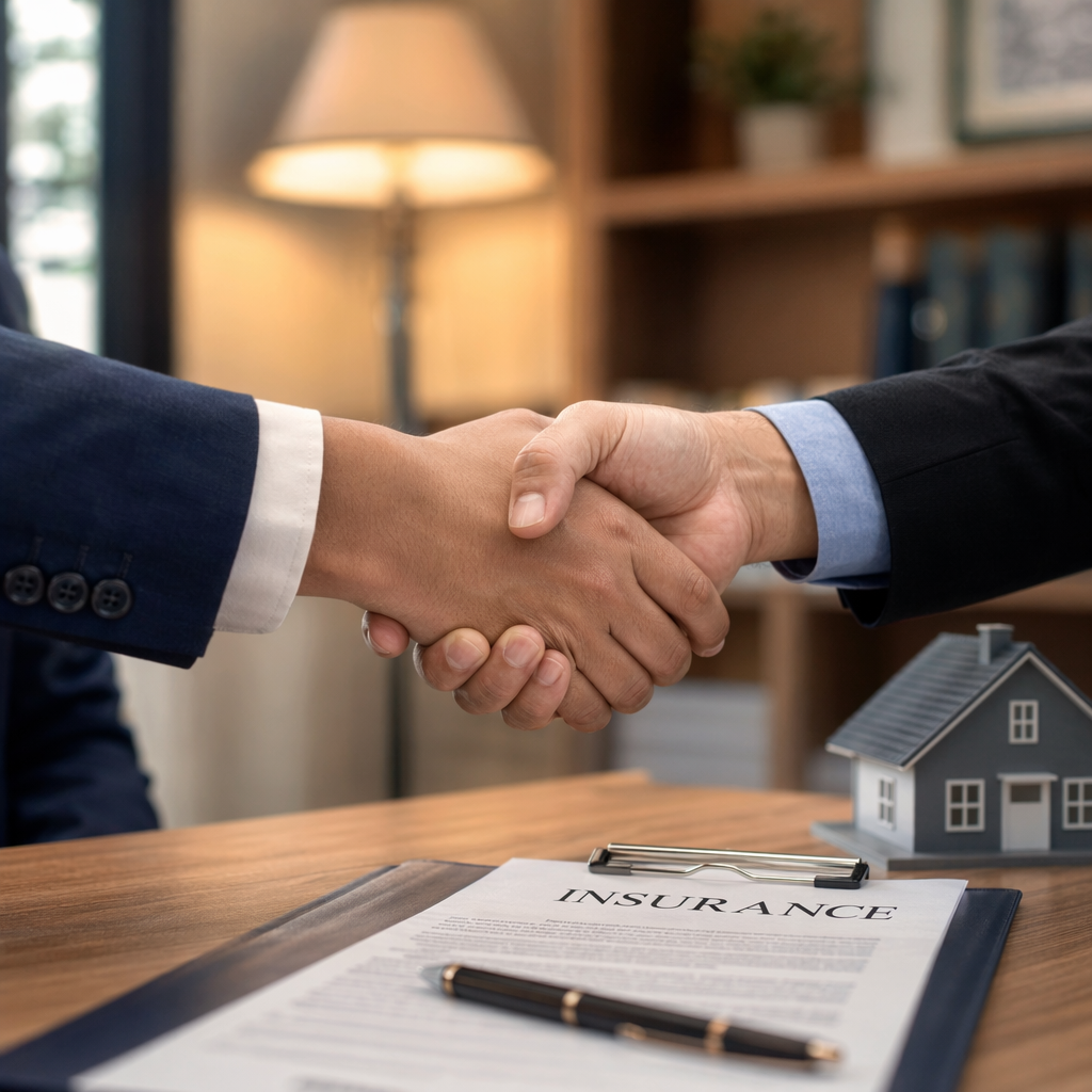 Handshake over an insurance agreement with a model home