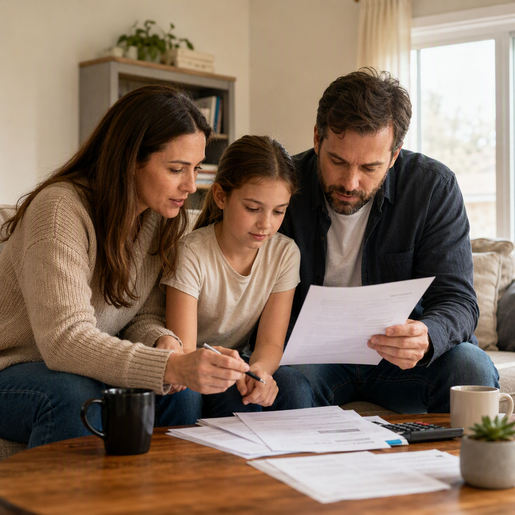 Family reviewing insurance documents