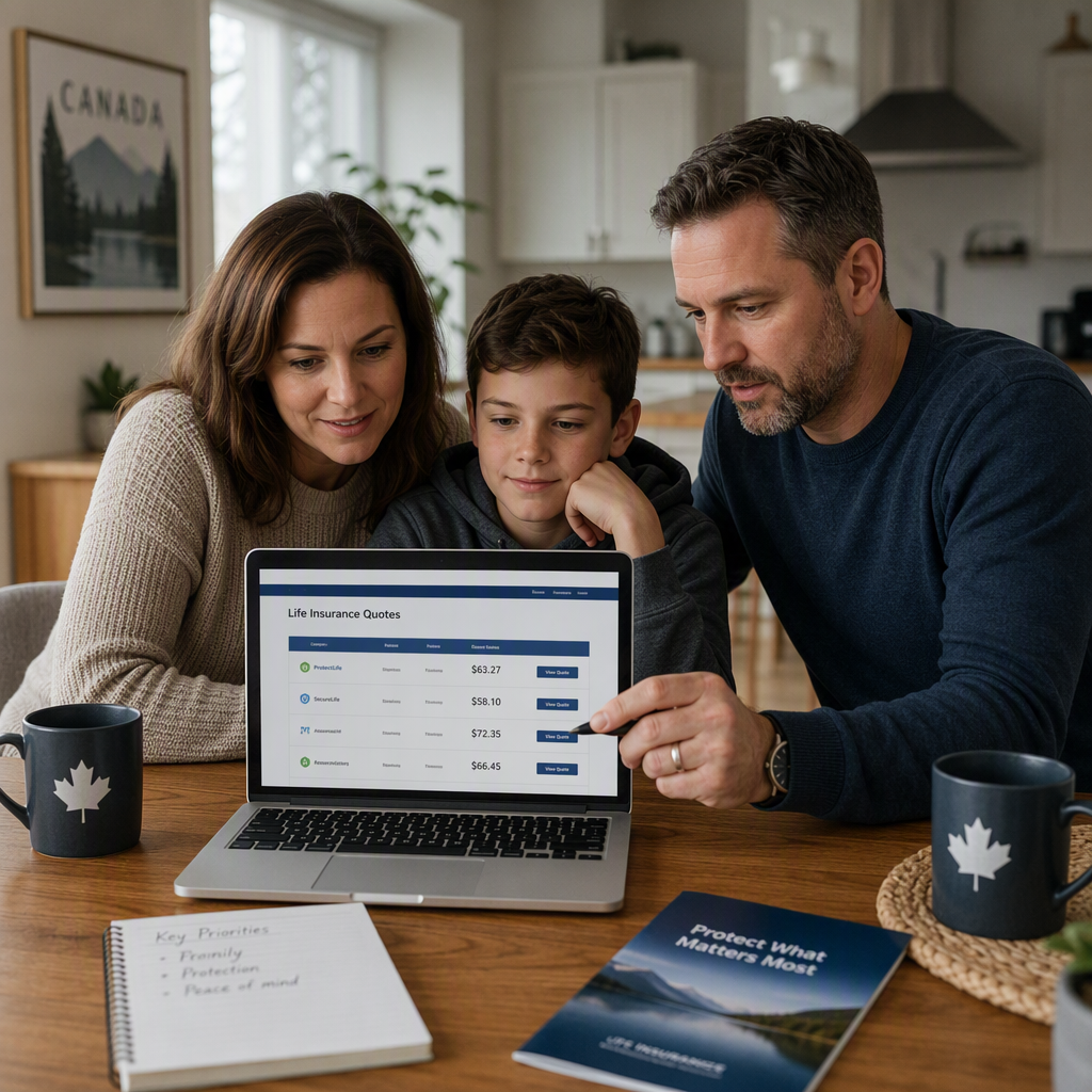 Family comparing insurance quotes