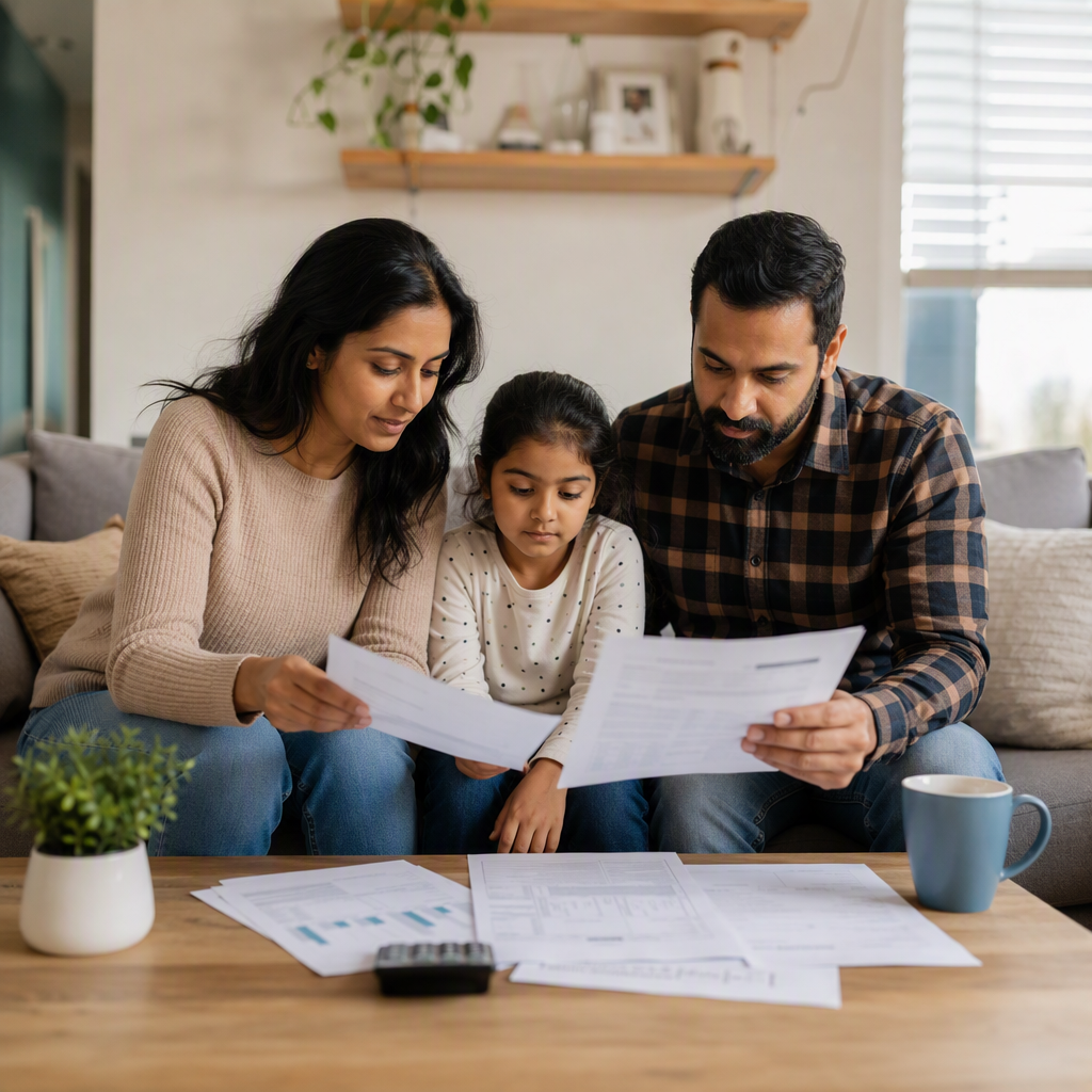 Family reviewing insurance documents