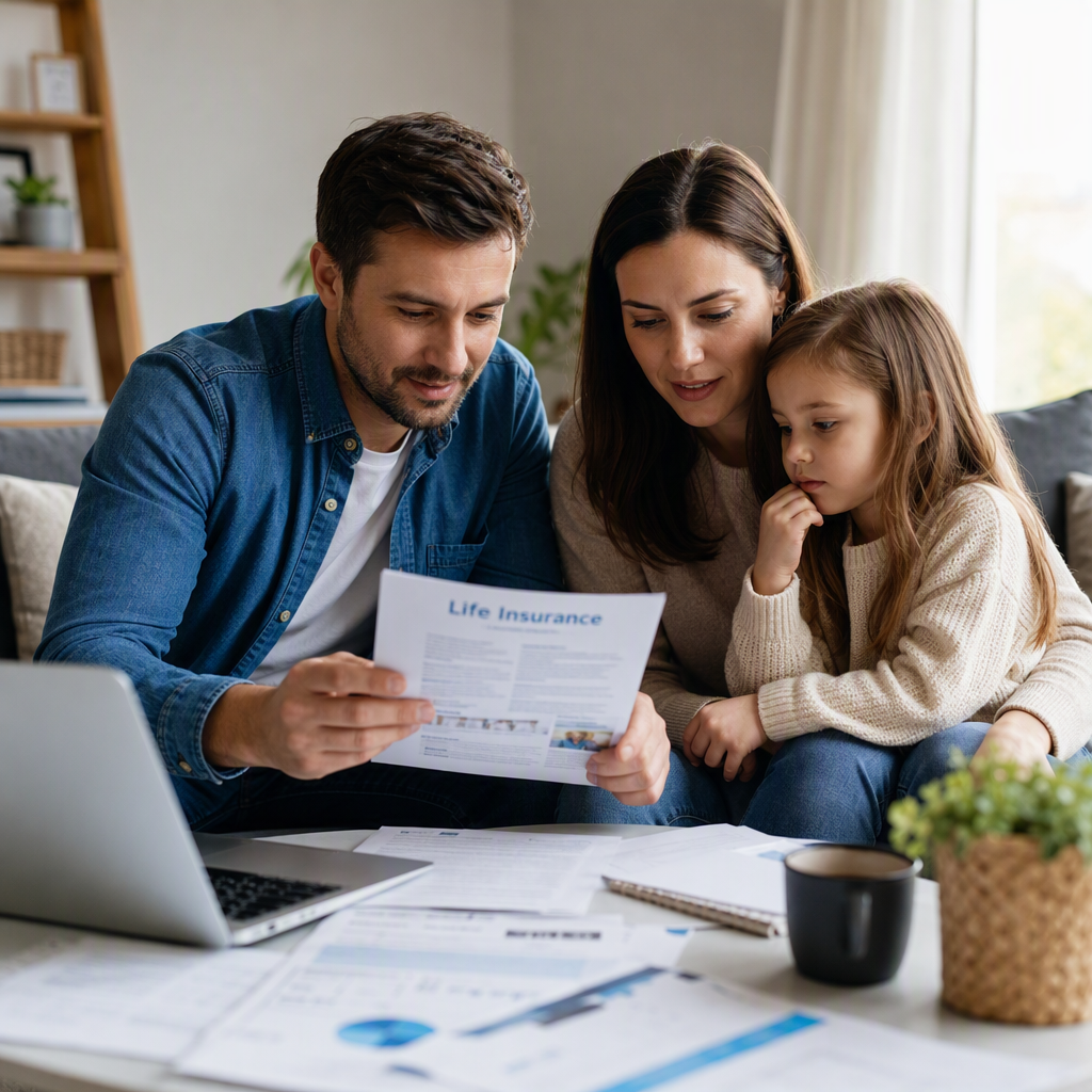 Family reviewing insurance papers