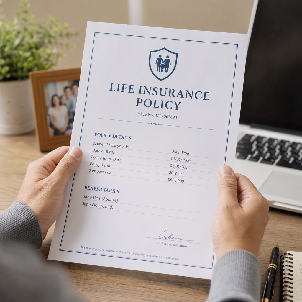 Hands holding insurance document
