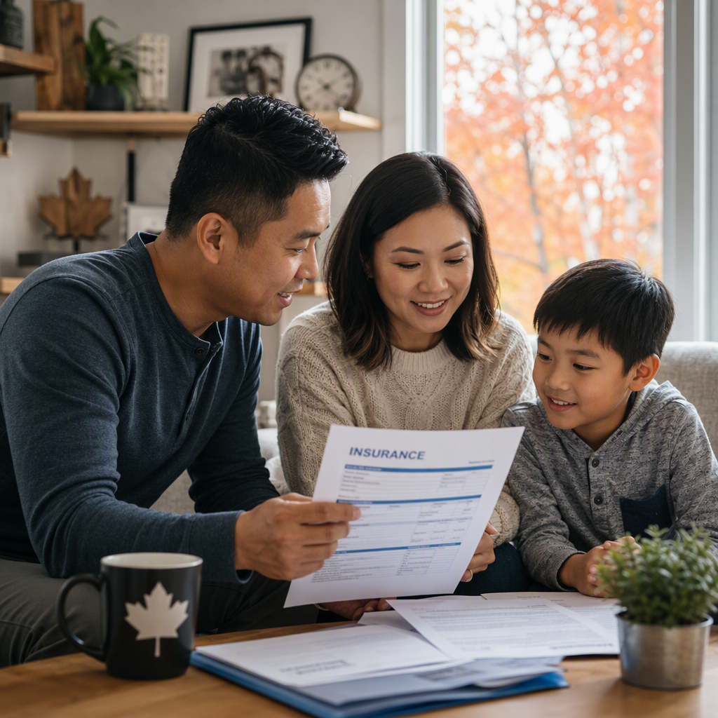 Canadian family reviewing insurance documents