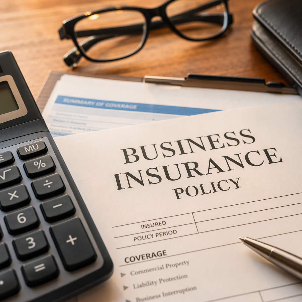 Business insurance documents and calculator
