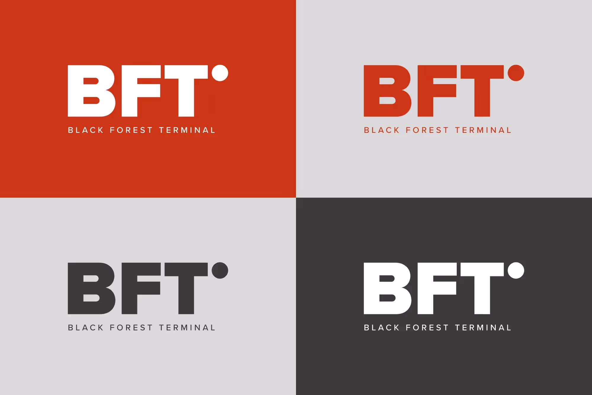 Vier Varianten des Logos ‚BFT‘ mit dem Text ‚Black Forest Terminal‘ in verschiedenen Farbvariationen auf rot, grau und dunkelgrau.