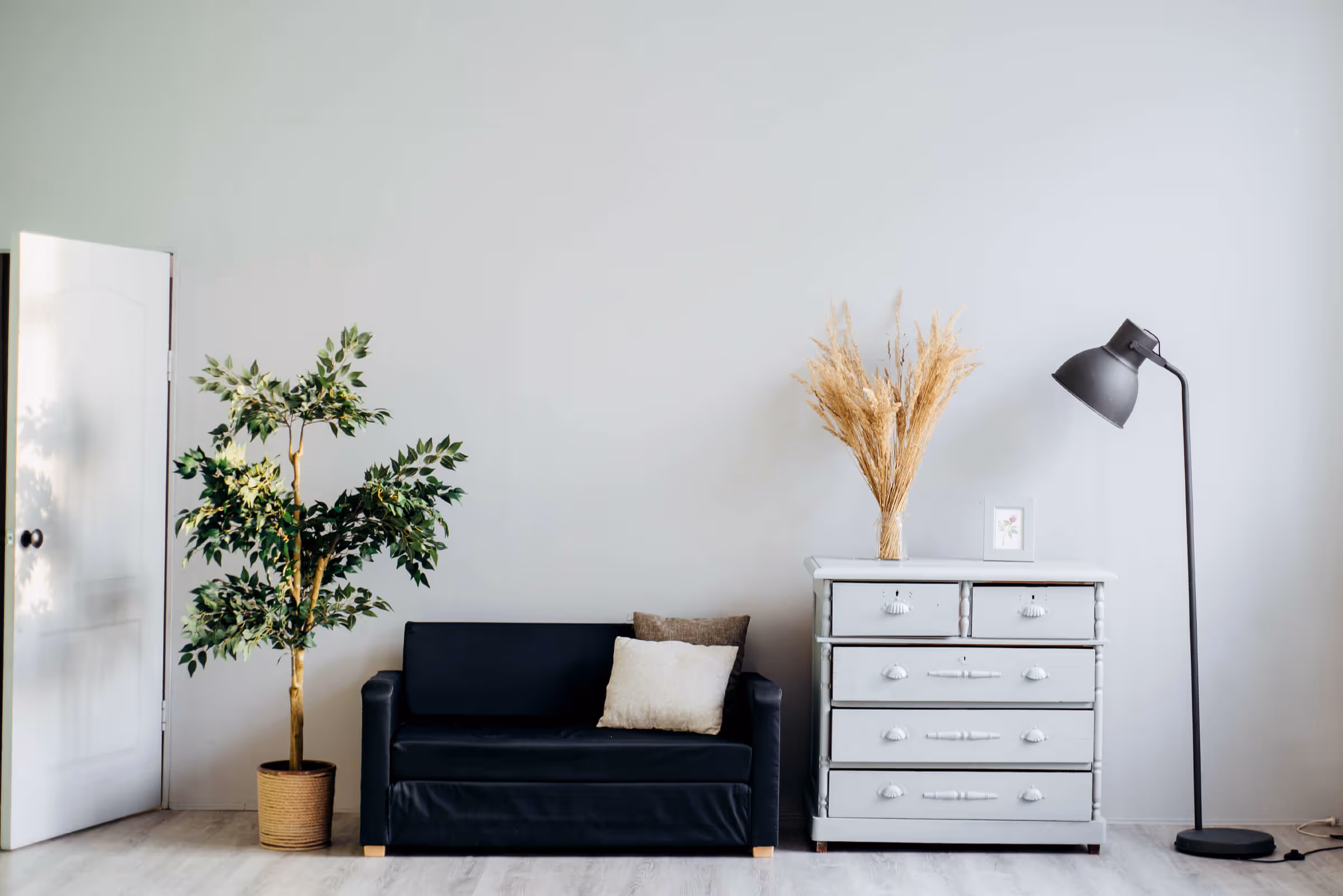 Minimalist living room with a black sofa, two pillows, a potted plant, a white dresser with dried flowers, a framed picture, and a tall black floor lamp.
