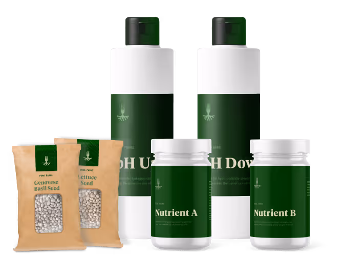 Fork Farms packaging - pH Up & Down, Nutrients, and seed packets