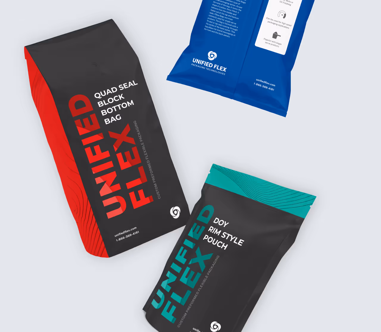 Floating sealed packages branded with unified flex brand. Showcasing the flexible packaging solutions available their machines.