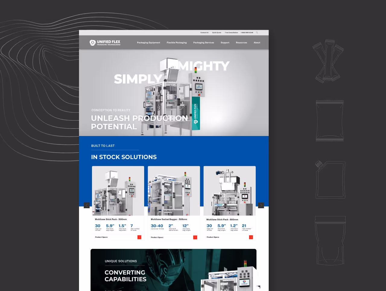 Unified Flex website home page with packaging illustrations on a dark background.