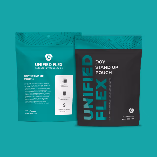 Unified Flex doy stand up pouch. Black and teal with stats on the back.