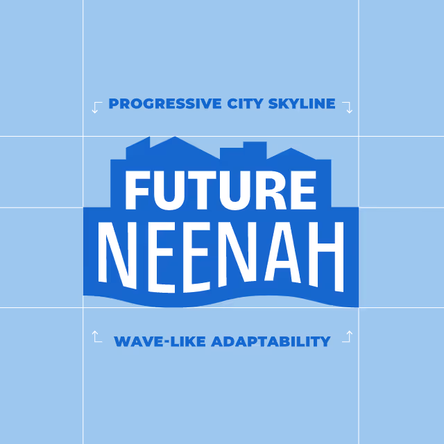 Progressive city skyline, wave-like adaptability. Future Neenah logo lockup
