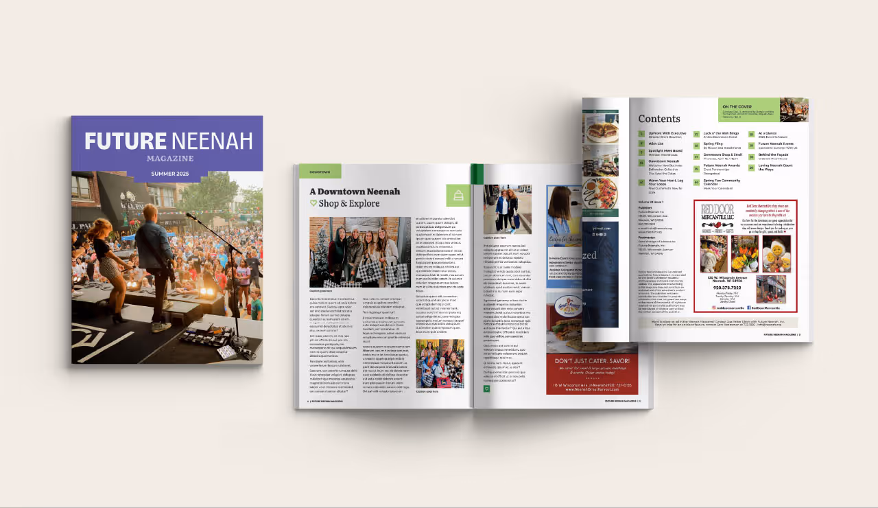 Future Neenah magazine with cover and two spreads.