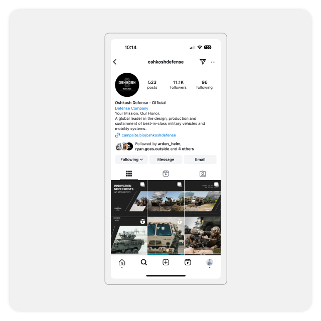 Oshkosh Defense Innovation Never Rests Campaign. Instagram grid of ads