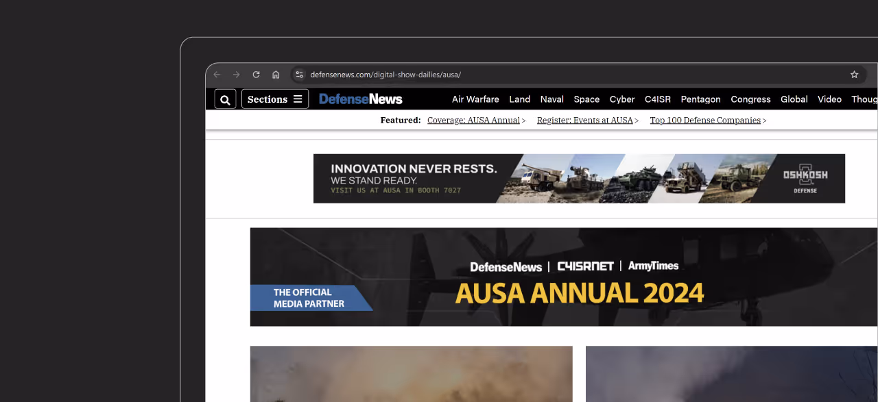 Oshkosh Defense Innovation Never Rests Campaign. Digital ad on website page for AUSA