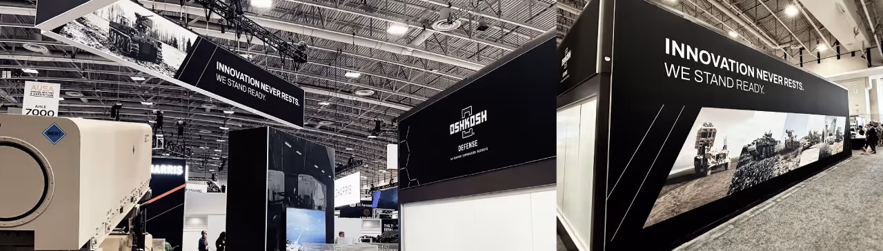 Oshkosh Defense Innovation Never Rests Campaign. Booth designs at the 2024 AUSA tradeshow.