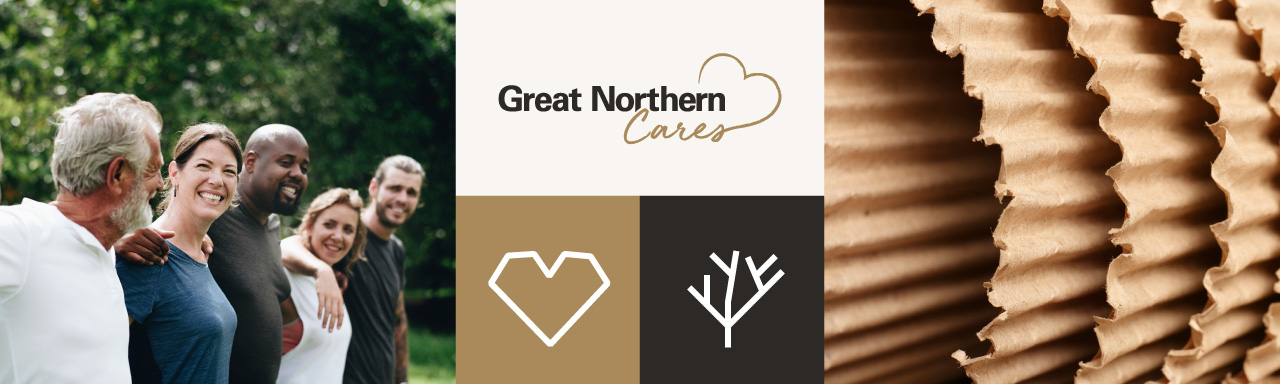 Great Norther Corporation Report to the Community grid of Great Northern Cares with an image of team members arm and arm outside, two icons, and a close up shot of rolled cardboard