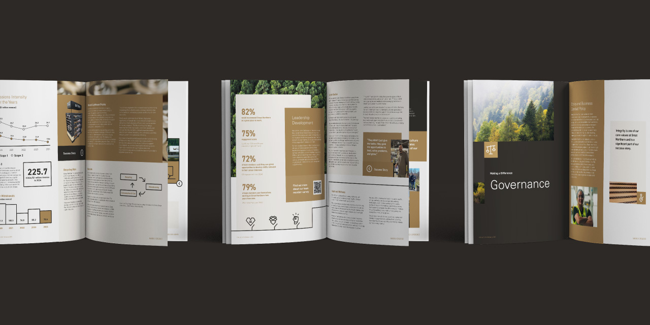 Great Norther Corporation Report to the Community 3 open report spreads side by side on a black background