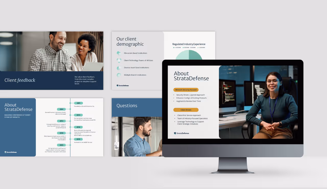 Computer screen showing a woman sitting in an office environment alongside slides about StrataDefense client feedback, demographics, timeline, and questions.