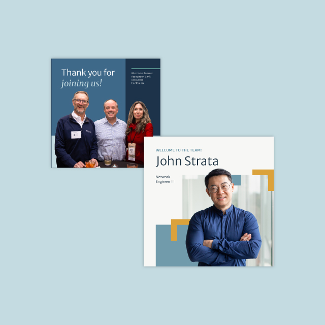 Two professional photos: one with three people smiling at a networking event, and another featuring John Strata, Network Engineer III, smiling with arms crossed.