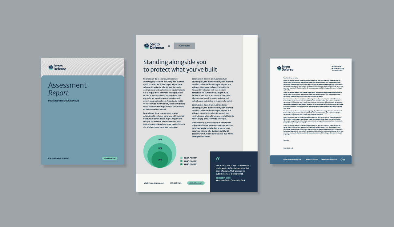 Three corporate styled pages for Strata Defense showing an assessment report cover, a detailed report page with charts and testimonials, and a contact page.