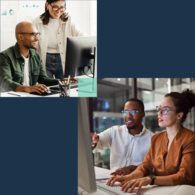 Two pairs of colleagues working together at computers in modern office settings.