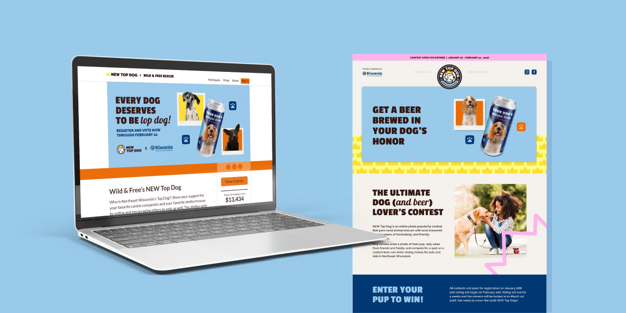Laptop displays a contest webpage for New Top Dog featuring dogs and a beer can labeled 'your dog's unique brew' with contest details and a woman playing with a dog.