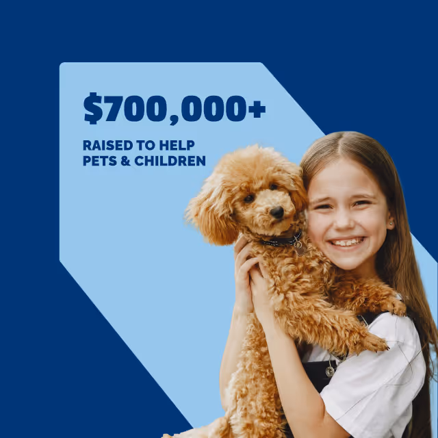Smiling girl holding a fluffy brown dog with text stating $700,000+ raised to help pets and children on a blue background.