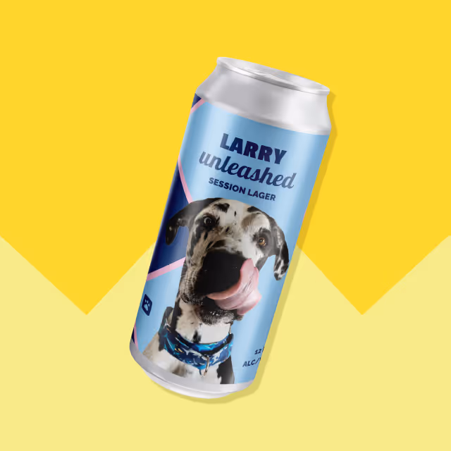 Can of Larry Unleashed Session Lager with a photo of a dog licking its nose on the label.