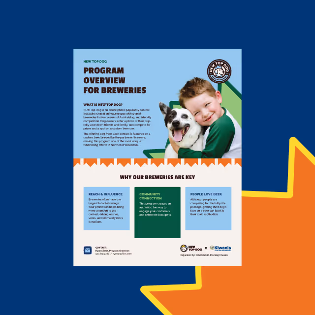 Infographic titled 'New Top Dog Program Overview for Breweries' showing a smiling child hugging a happy dog, with text explaining the photo contest for breweries featuring local animal rescues and why breweries are key including reach, community connection, and people love beer.