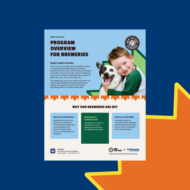 Infographic titled 'New Top Dog Program Overview for Breweries' showing a smiling child hugging a happy dog, with text explaining the photo contest for breweries featuring local animal rescues and why breweries are key including reach, community connection, and people love beer.