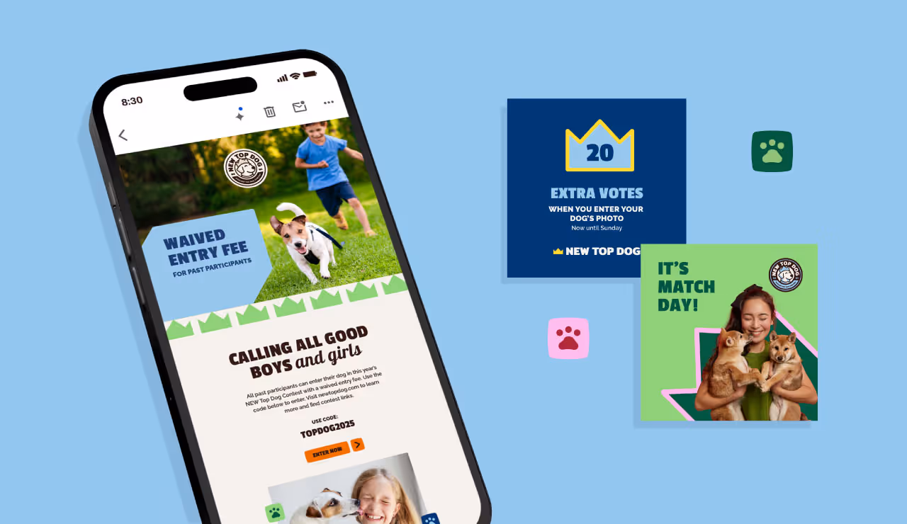Smartphone screen displaying a dog contest entry page with a running dog and child, plus promotional graphics offering waived entry fee and extra votes for past participants.