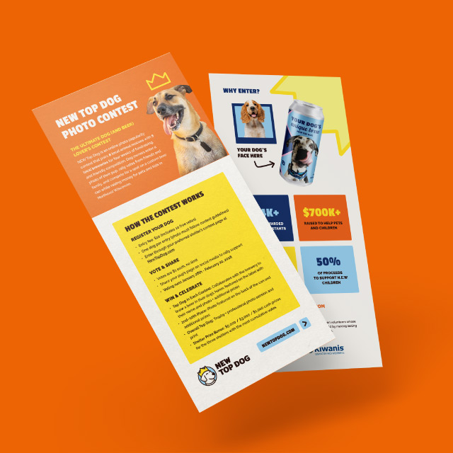 Flyer for New Top Dog Photo Contest with a happy dog photo, contest instructions, and prize details on an orange background.