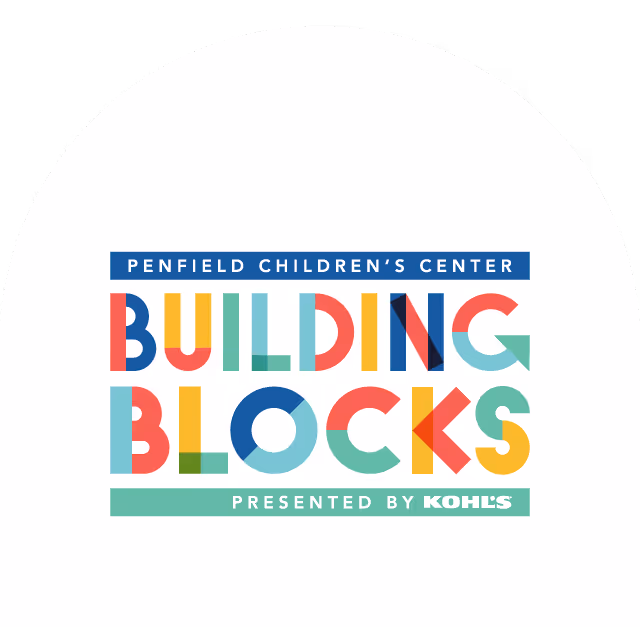 Colorful text logo reading 'Penfield Children's Center Building Blocks presented by Kohl's' with each letter in different bright colors and shapes.