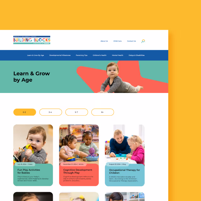 Website page titled 'Learn & Grow by Age' showing sections for different child age groups with photos of young children playing and learning activities.