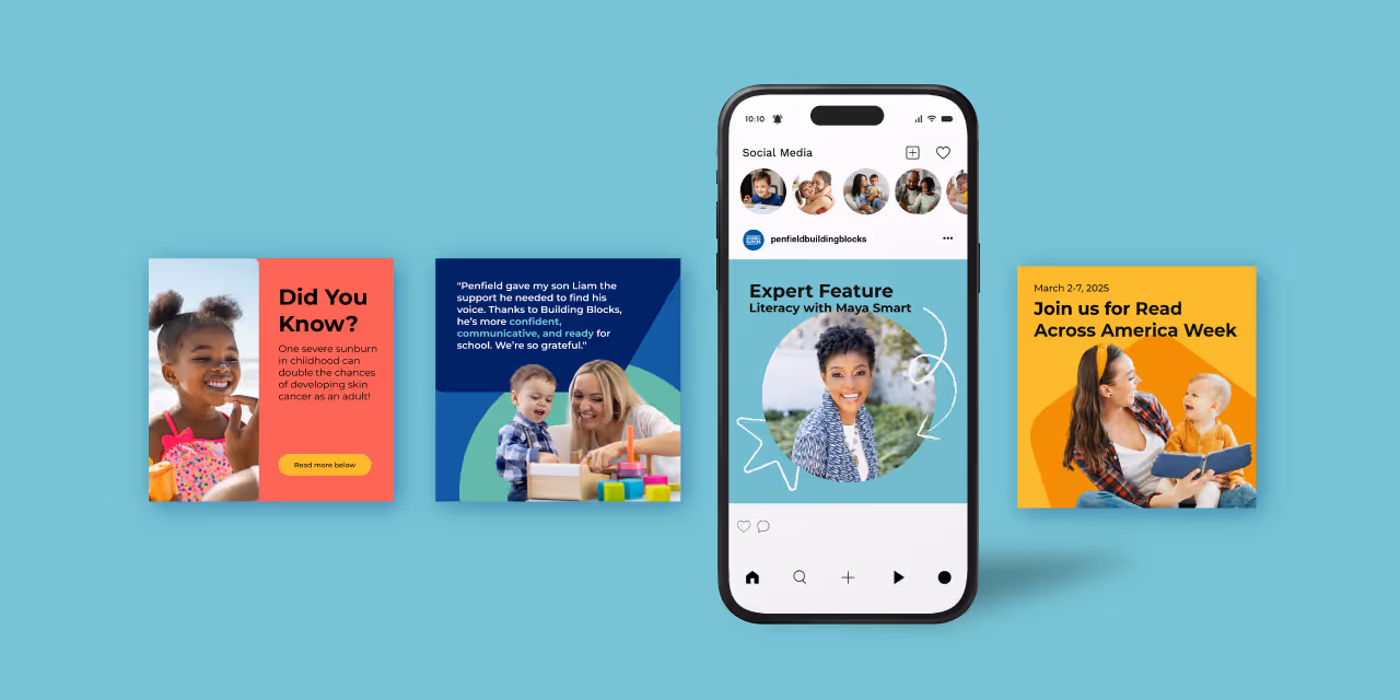 Smartphone displaying social media post featuring literacy expert Maya Smart, surrounded by three colorful square posts about childhood sunburn risks, a testimonial about support for a child named Liam, and an invitation to Read Across America Week 2025.