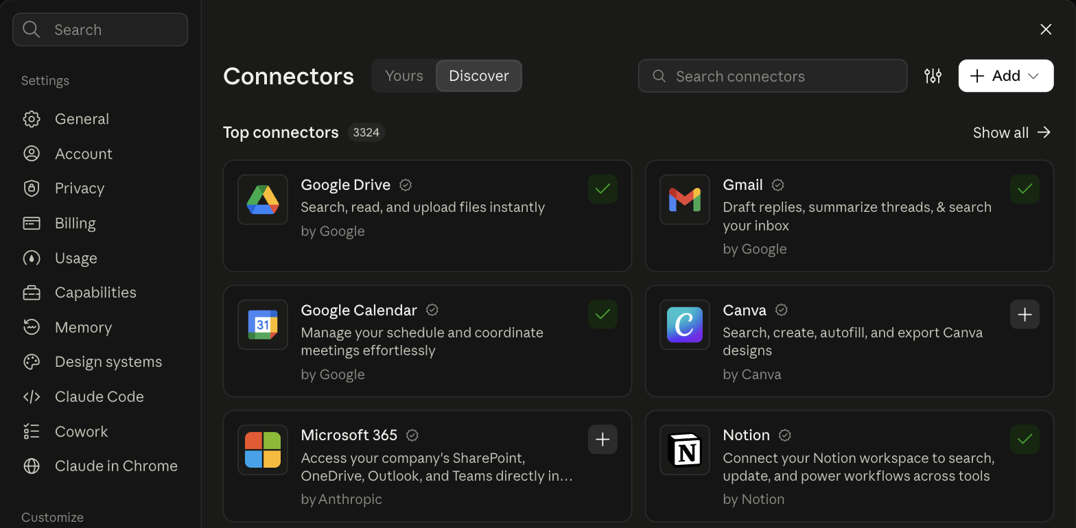 Claude’s Connectors screen, Discover tab, showing Google Drive, Gmail, Google Calendar, Canva, Microsoft 365 and Notion