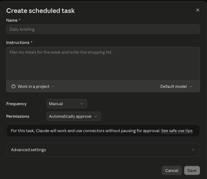 Claude’s Create scheduled task form, with Name, Instructions, Work in a project or folder, Frequency and Permissions
