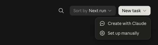 The New task menu in Claude, showing Create with Claude and Set up manually
