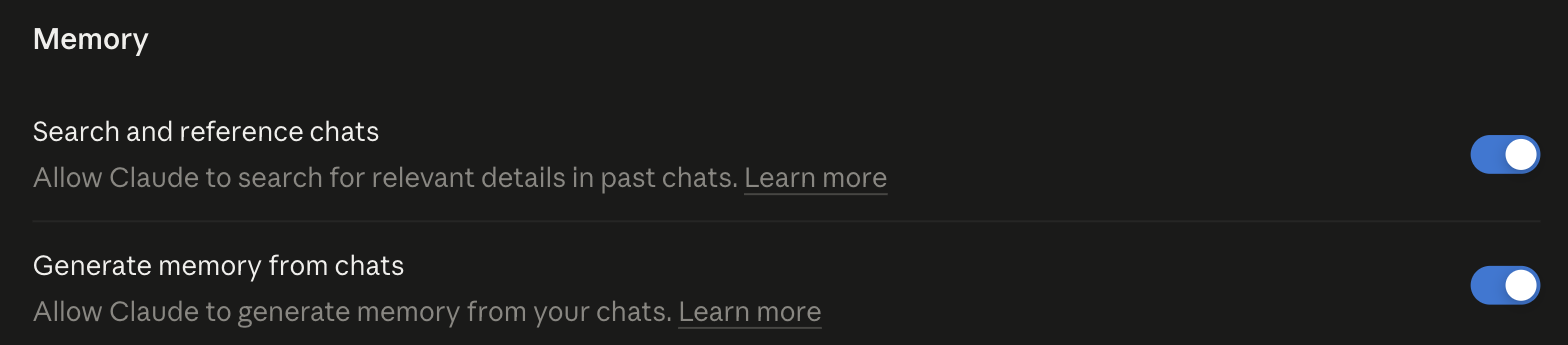 Claude’s Memory settings with Search and reference chats and Generate memory from chats both switched on