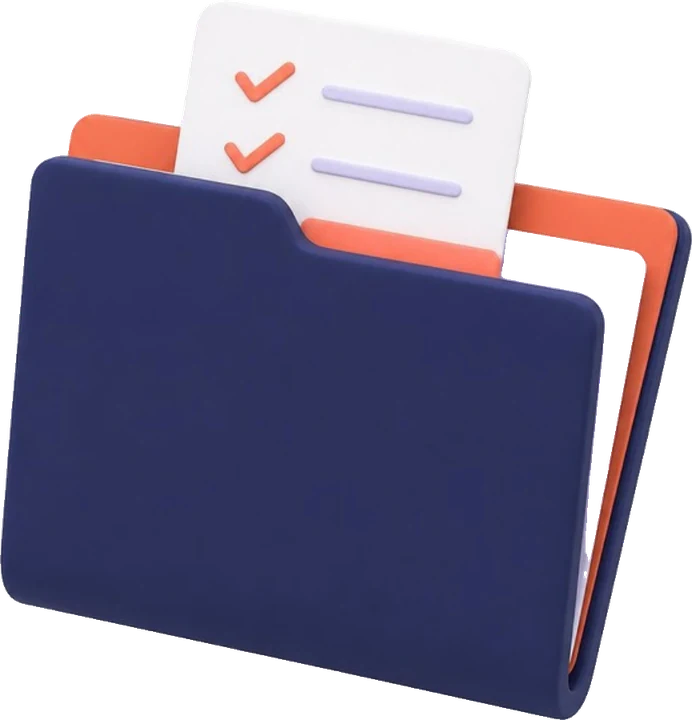 3D illustration of a blue file folder containing an orange tab folder and a white checklist paper with two orange check marks and two purple lines.