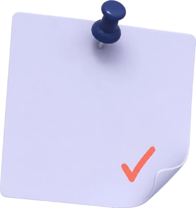 A blank square light purple sticky note pinned with a dark blue pushpin, featuring a small orange checkmark in the bottom right corner with the note's corner slightly curled.